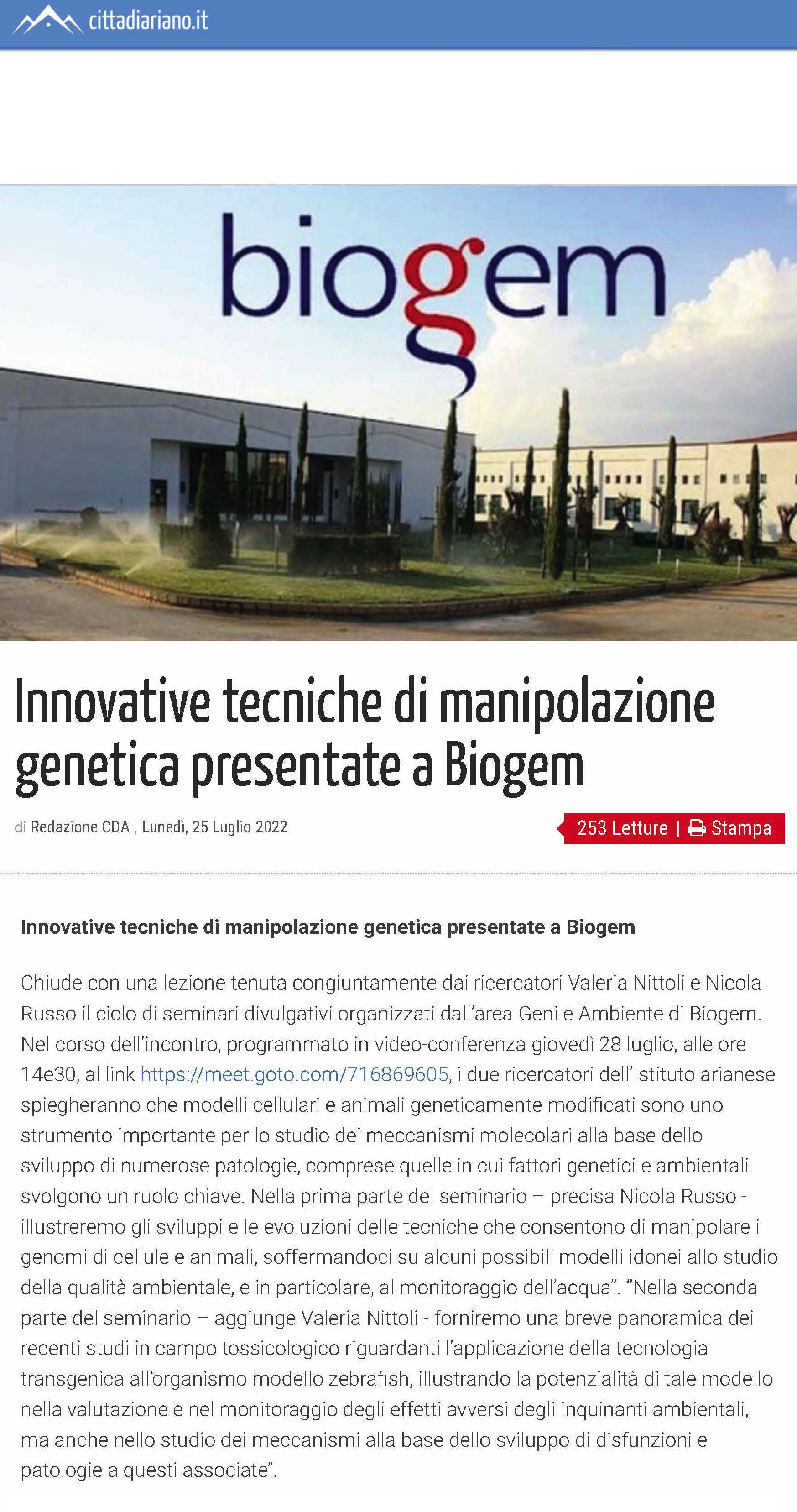 Innovative tecniche di manipolazione genetica presentate a Biogem - Il portale di Ariano Irpino e di